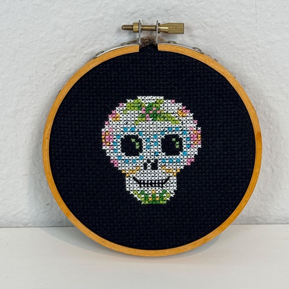 Handmade Original Cross-Stitch 4.5” Hoop: Sugar Skull Halloween Decor